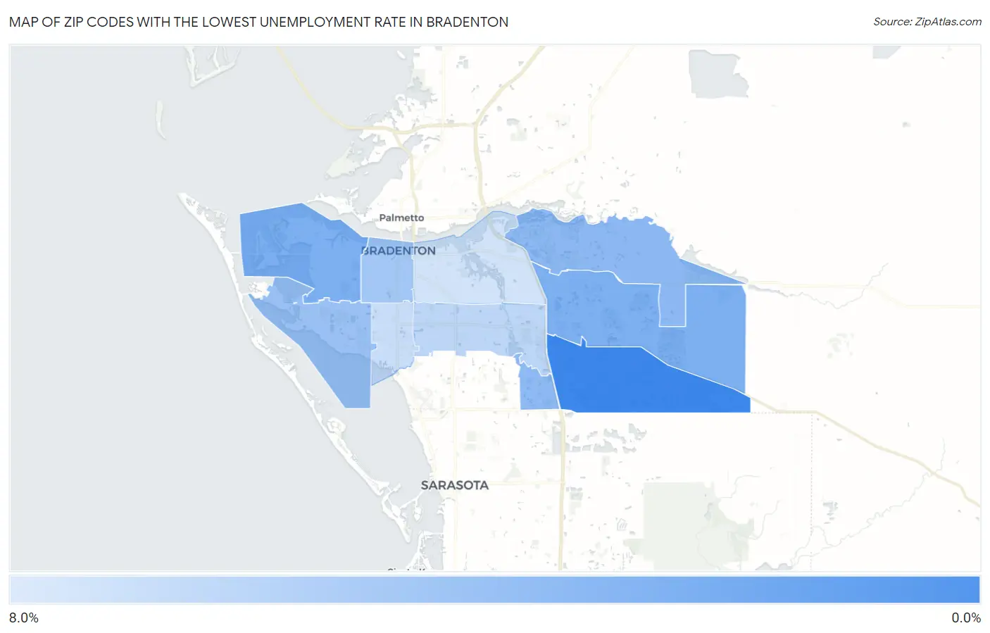Zip Codes with the Lowest Unemployment Rate in Bradenton Map