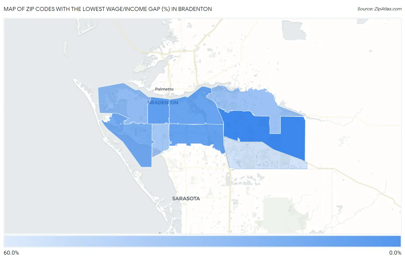Zip Codes with the Lowest Wage/Income Gap (%) in Bradenton Map