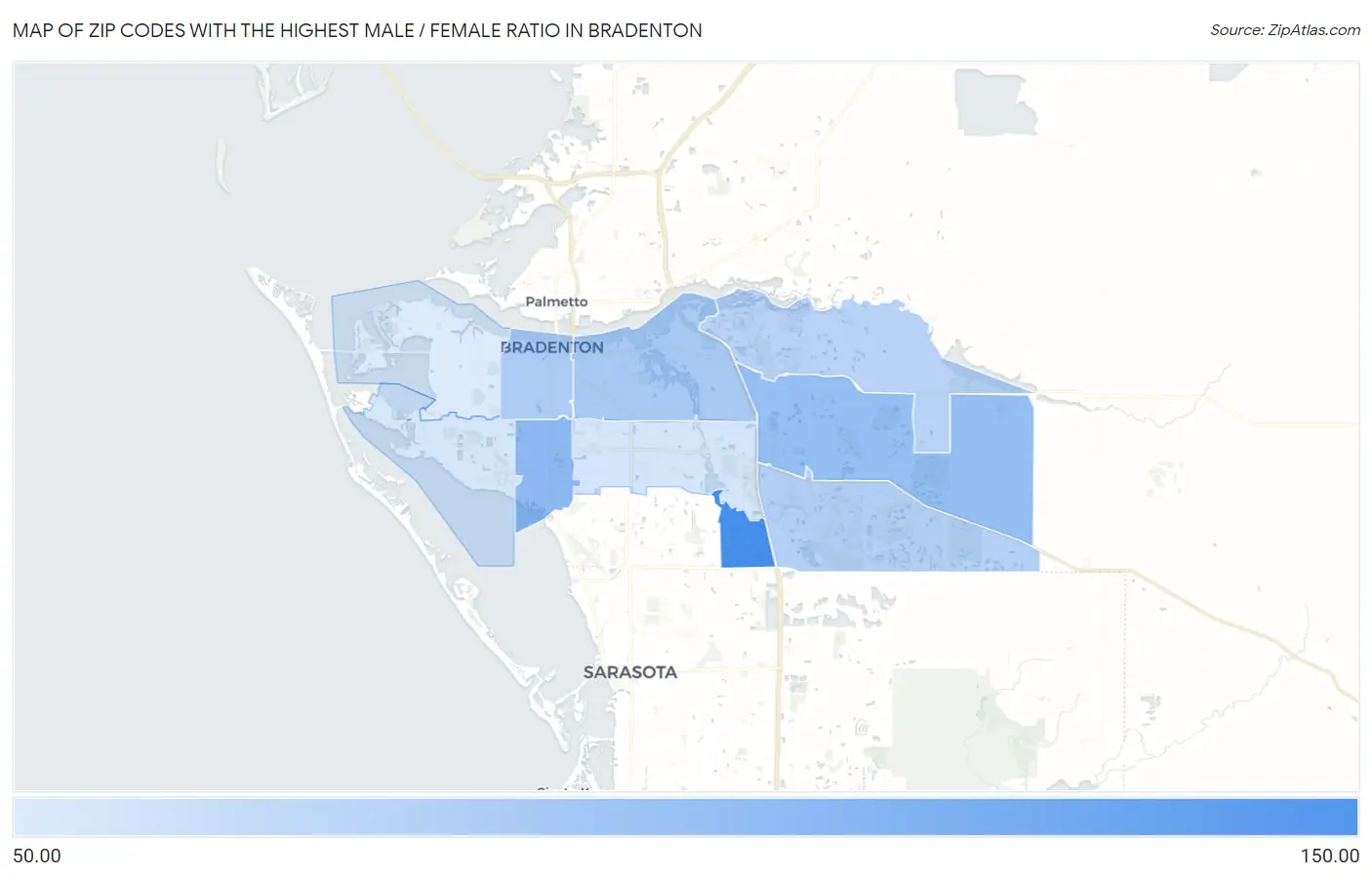 Zip Codes with the Highest Male / Female Ratio in Bradenton Map