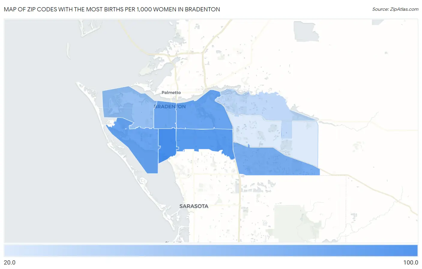 Zip Codes with the Most Births per 1,000 Women in Bradenton Map