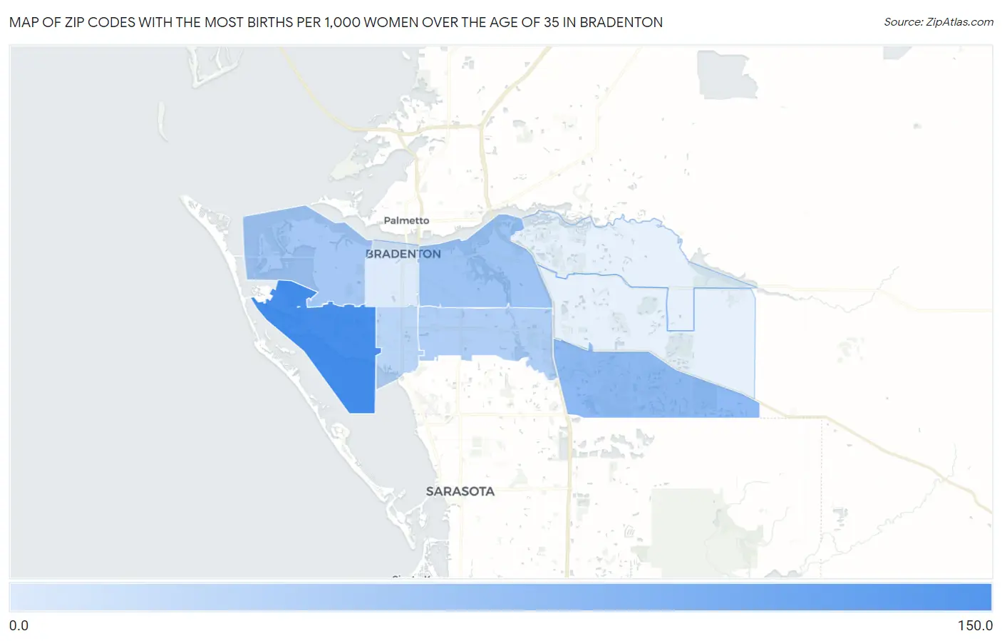 Zip Codes with the Most Births per 1,000 Women Over the Age of 35 in Bradenton Map