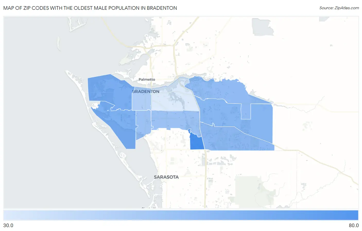 Zip Codes with the Oldest Male Population in Bradenton Map