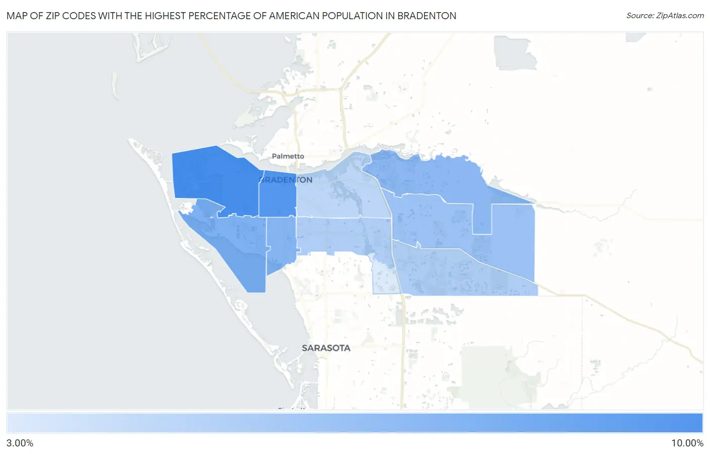 Zip Codes with the Highest Percentage of American Population in Bradenton Map