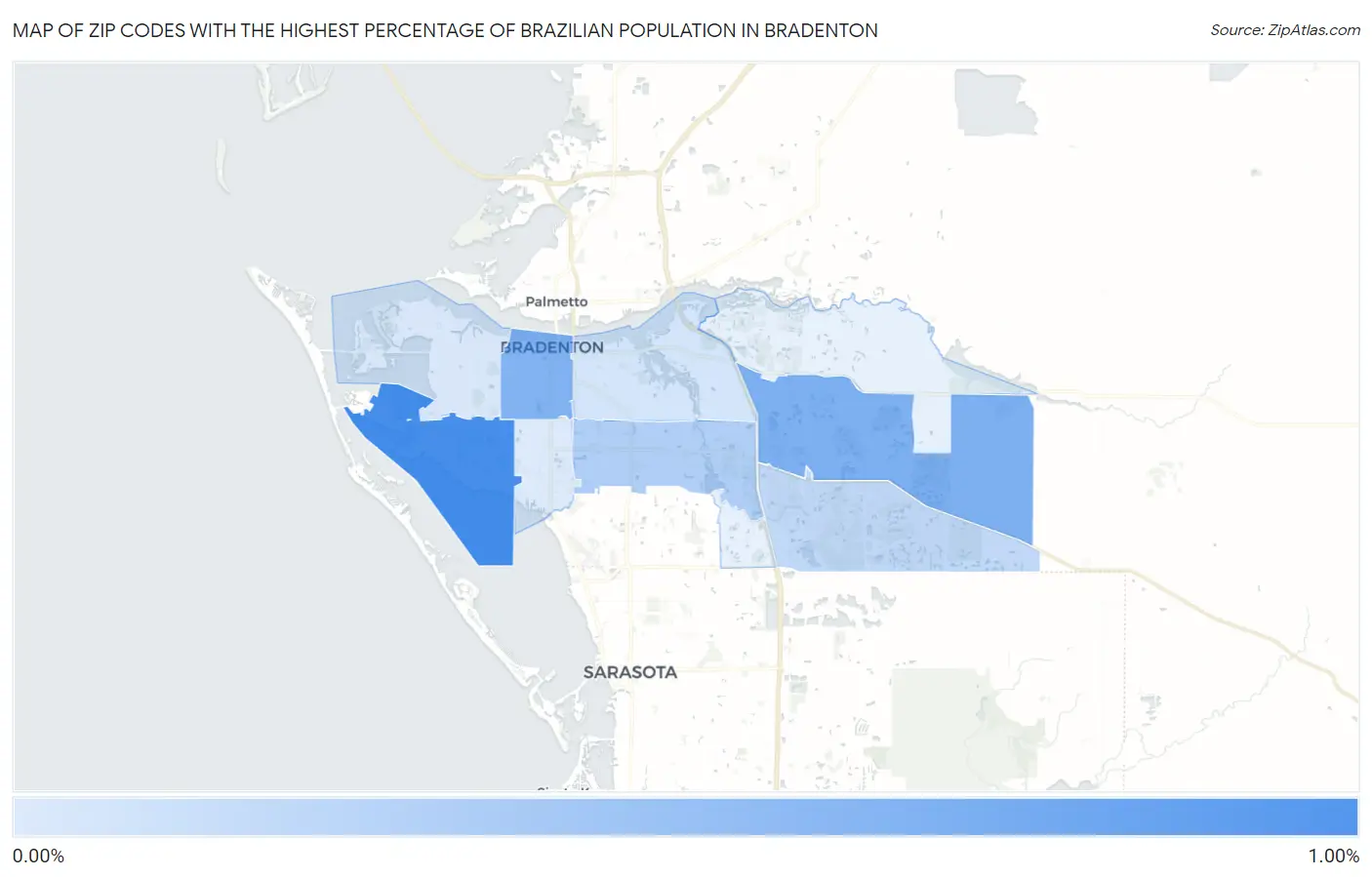 Zip Codes with the Highest Percentage of Brazilian Population in Bradenton Map