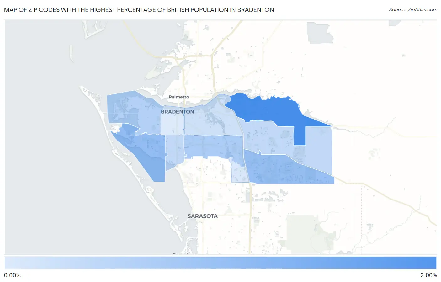 Zip Codes with the Highest Percentage of British Population in Bradenton Map