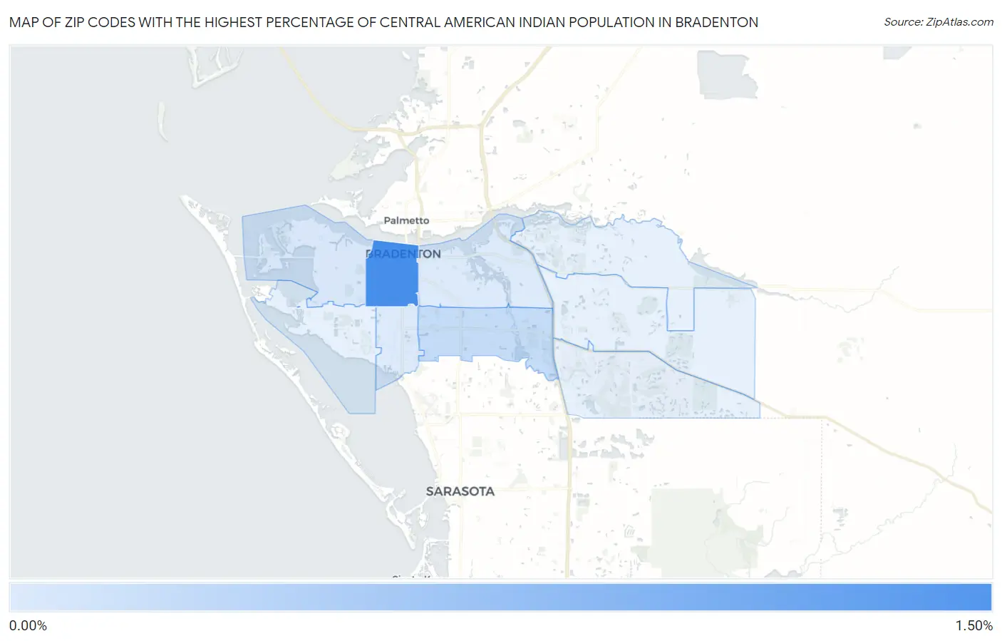 Zip Codes with the Highest Percentage of Central American Indian Population in Bradenton Map