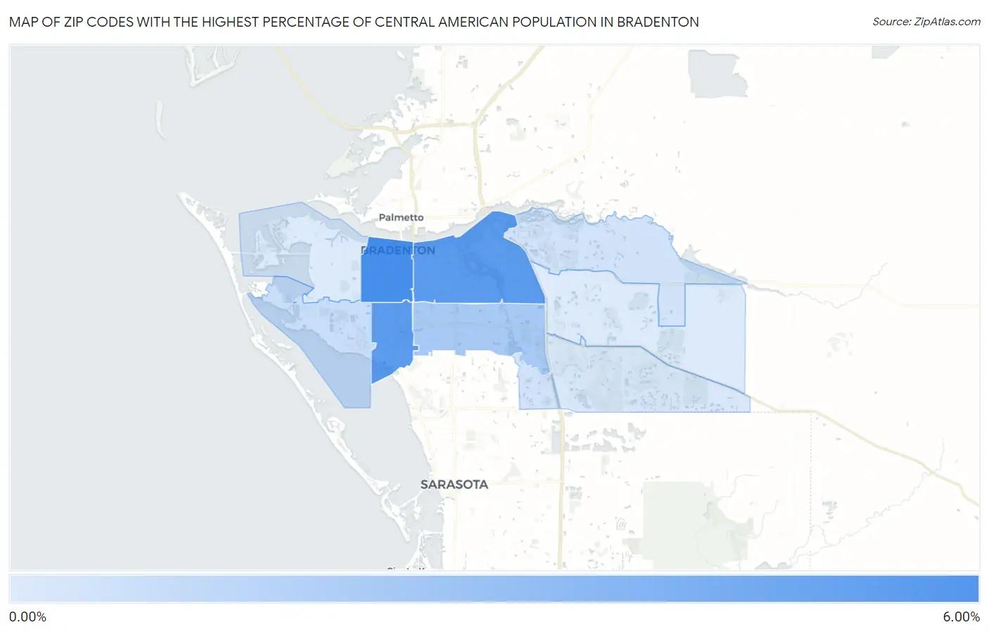 Zip Codes with the Highest Percentage of Central American Population in Bradenton Map