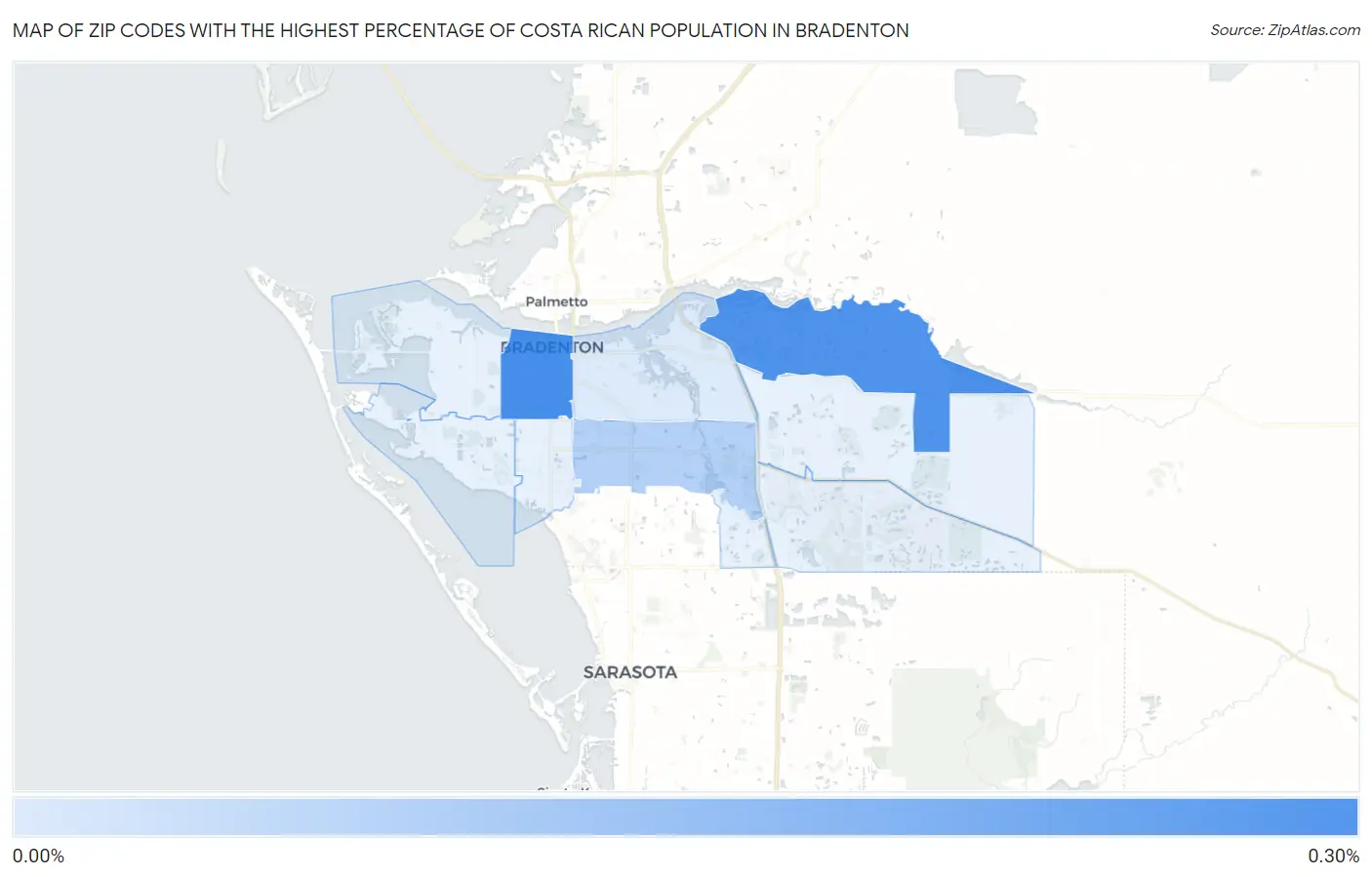 Zip Codes with the Highest Percentage of Costa Rican Population in Bradenton Map