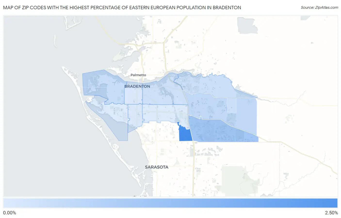 Zip Codes with the Highest Percentage of Eastern European Population in Bradenton Map