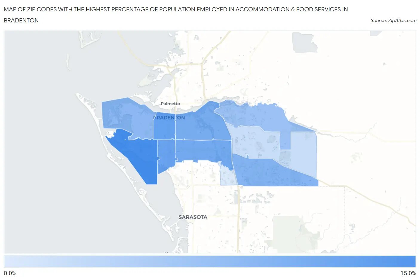 Zip Codes with the Highest Percentage of Population Employed in Accommodation & Food Services in Bradenton Map