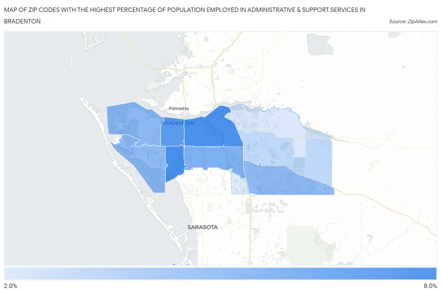Zip Codes with the Highest Percentage of Population Employed in Administrative & Support Services in Bradenton Map