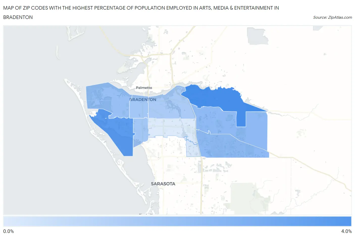Zip Codes with the Highest Percentage of Population Employed in Arts, Media & Entertainment in Bradenton Map