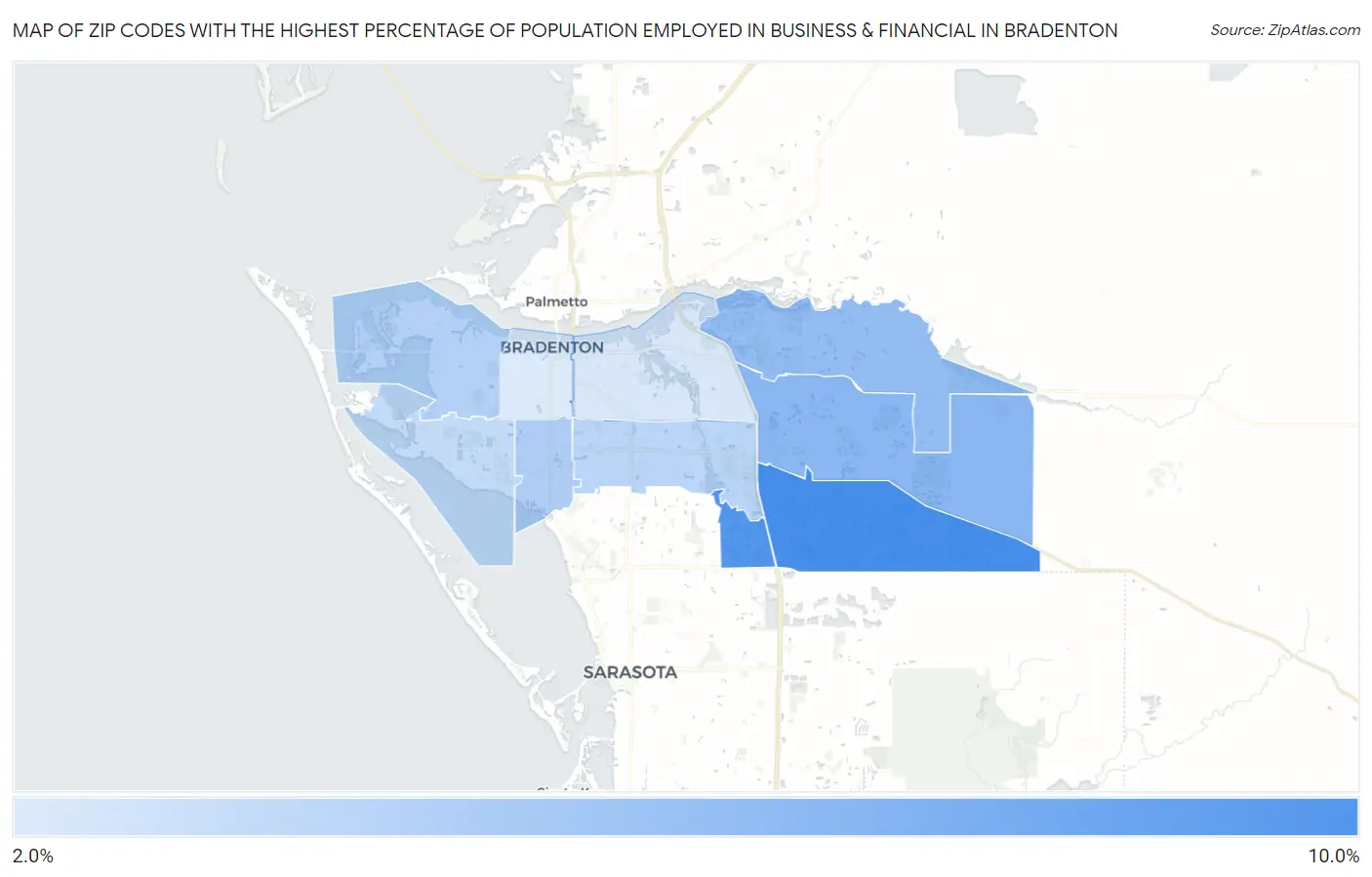 Zip Codes with the Highest Percentage of Population Employed in Business & Financial in Bradenton Map