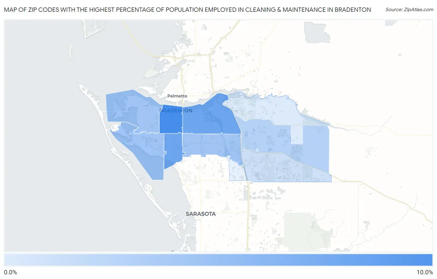 Zip Codes with the Highest Percentage of Population Employed in Cleaning & Maintenance in Bradenton Map