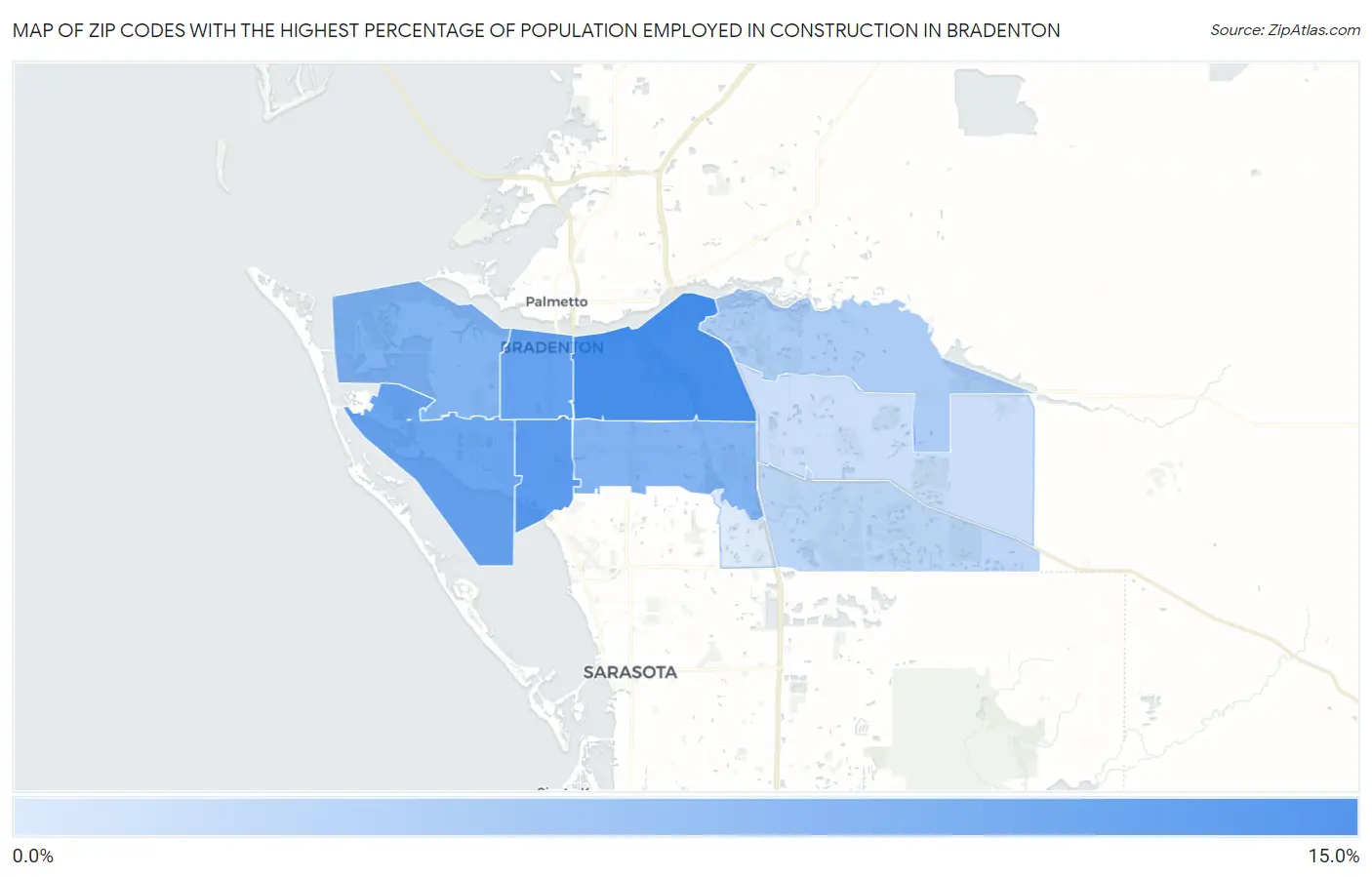 Zip Codes with the Highest Percentage of Population Employed in Construction in Bradenton Map