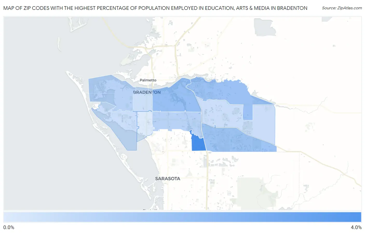 Zip Codes with the Highest Percentage of Population Employed in Education, Arts & Media in Bradenton Map