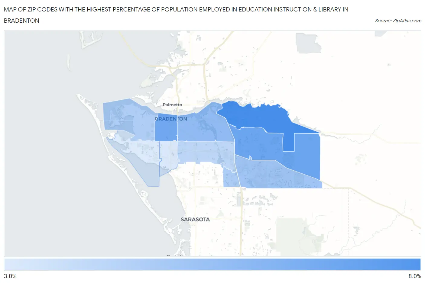Zip Codes with the Highest Percentage of Population Employed in Education Instruction & Library in Bradenton Map