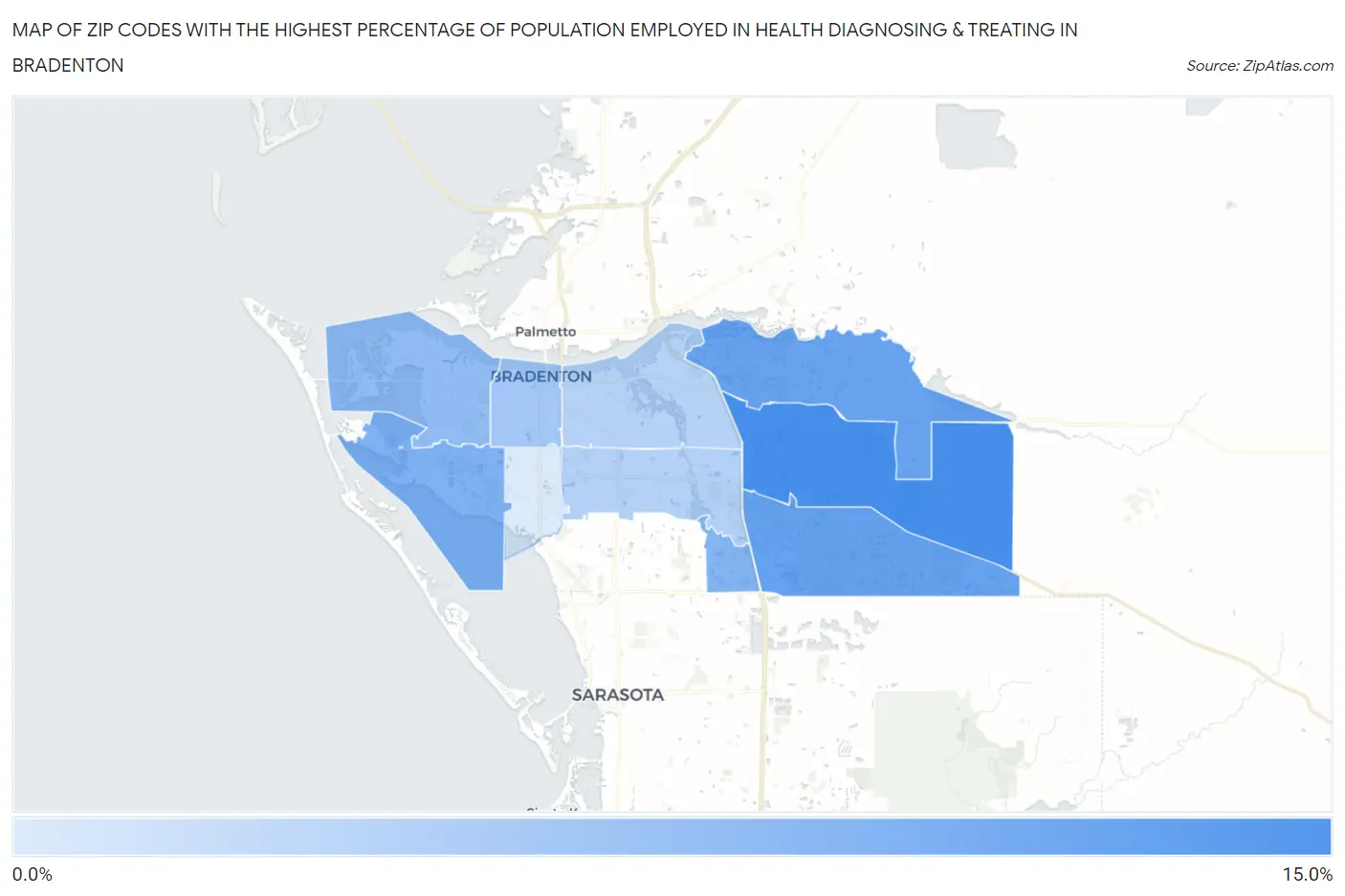 Zip Codes with the Highest Percentage of Population Employed in Health Diagnosing & Treating in Bradenton Map
