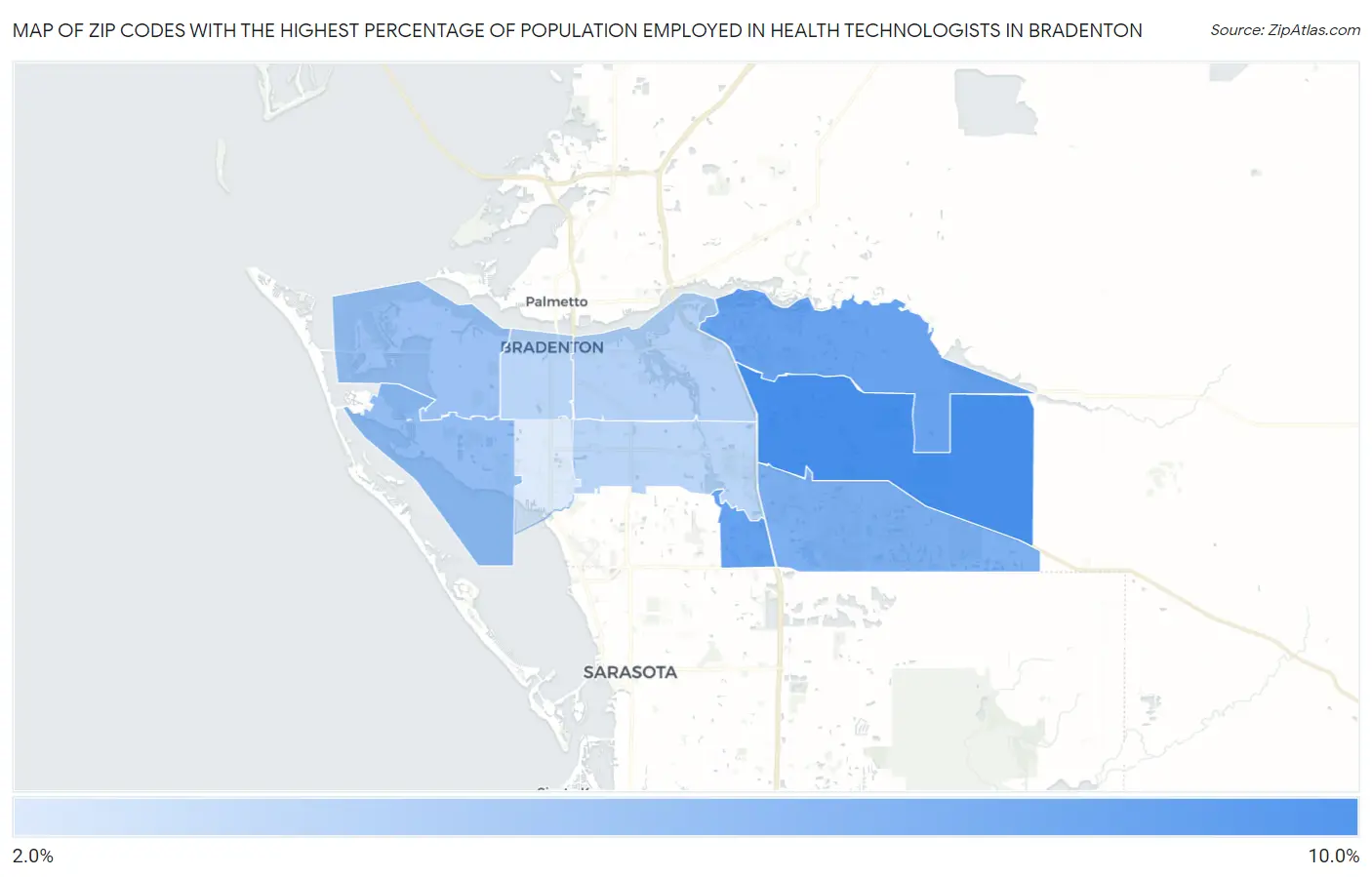 Zip Codes with the Highest Percentage of Population Employed in Health Technologists in Bradenton Map