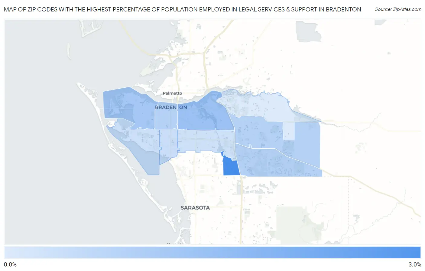 Zip Codes with the Highest Percentage of Population Employed in Legal Services & Support in Bradenton Map
