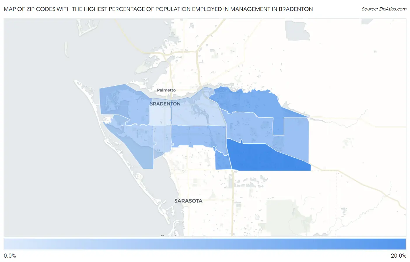 Zip Codes with the Highest Percentage of Population Employed in Management in Bradenton Map