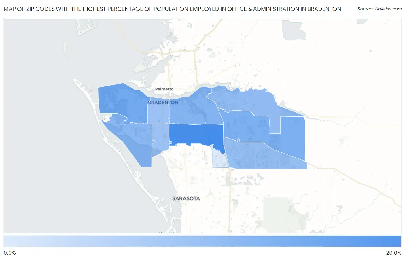 Zip Codes with the Highest Percentage of Population Employed in Office & Administration in Bradenton Map