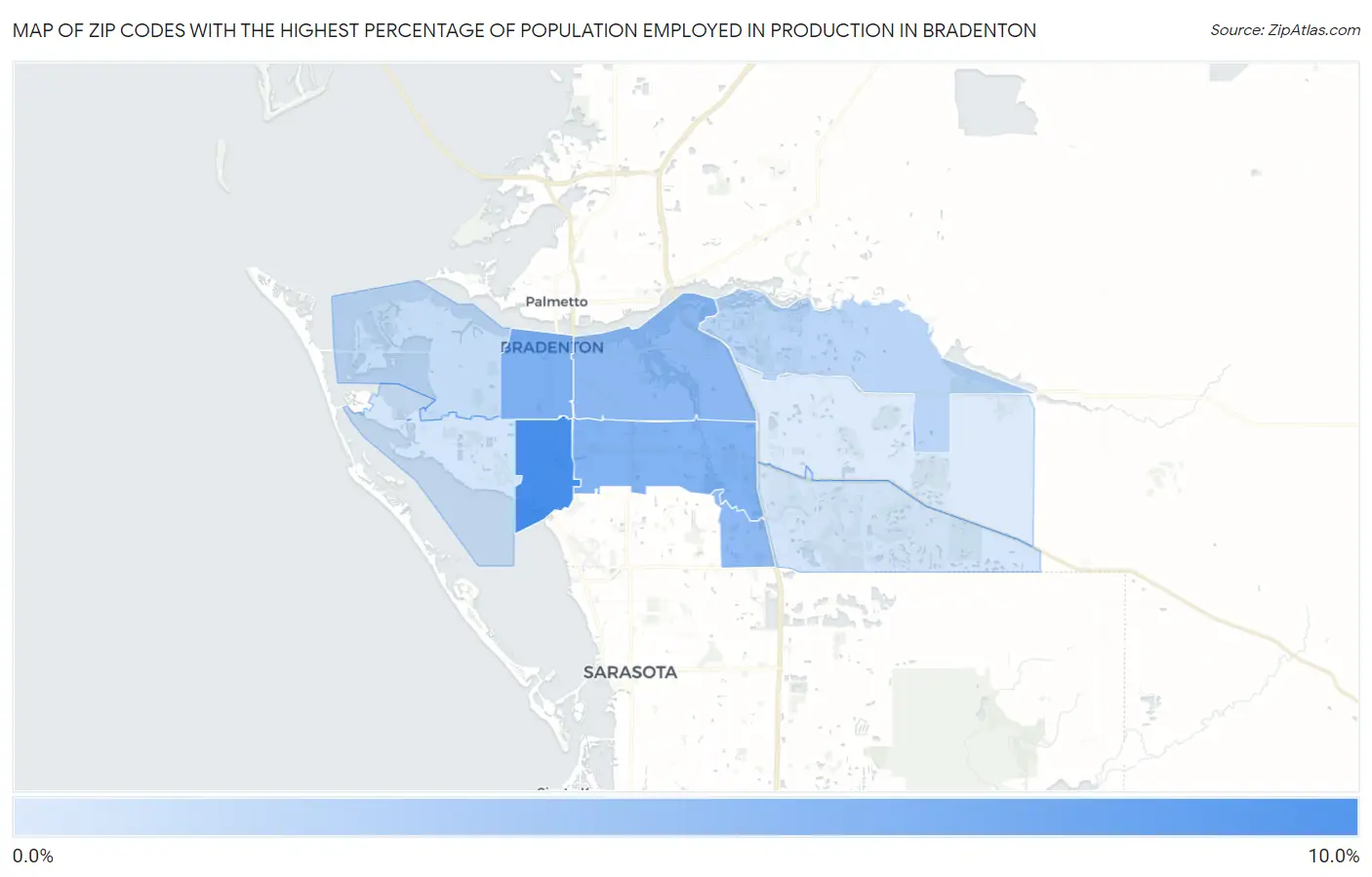 Zip Codes with the Highest Percentage of Population Employed in Production in Bradenton Map