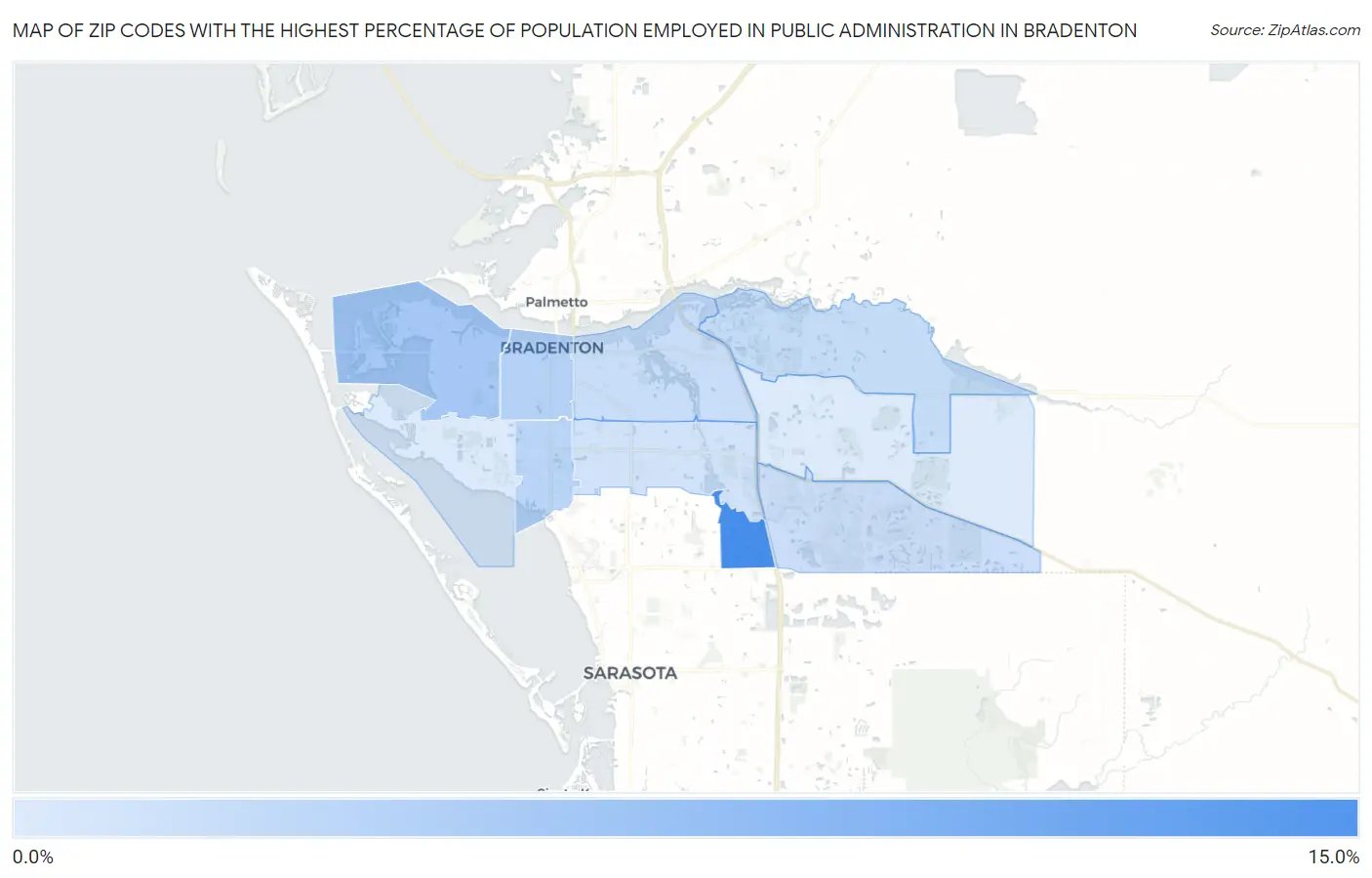 Zip Codes with the Highest Percentage of Population Employed in Public Administration in Bradenton Map