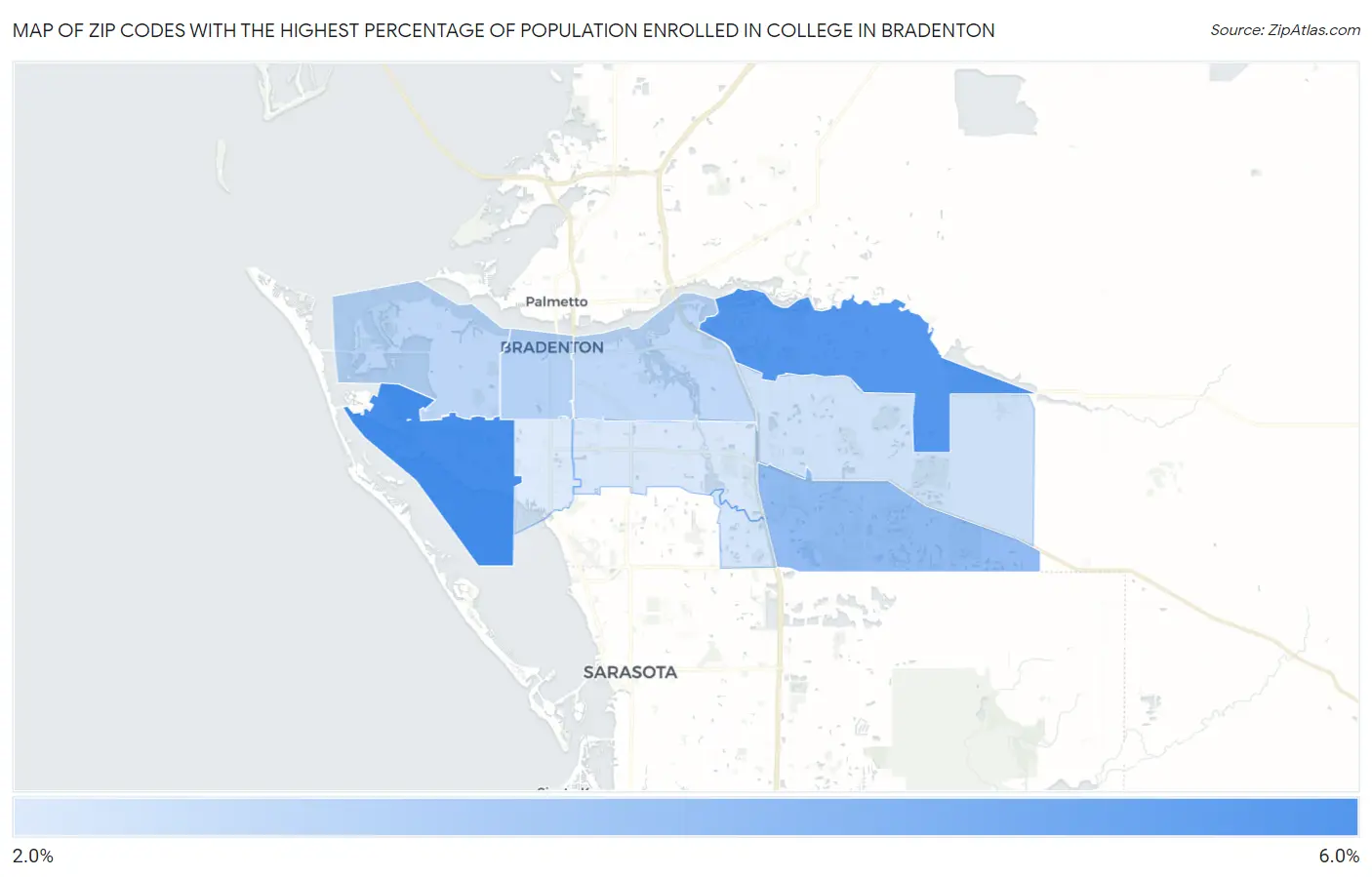 Zip Codes with the Highest Percentage of Population Enrolled in College in Bradenton Map