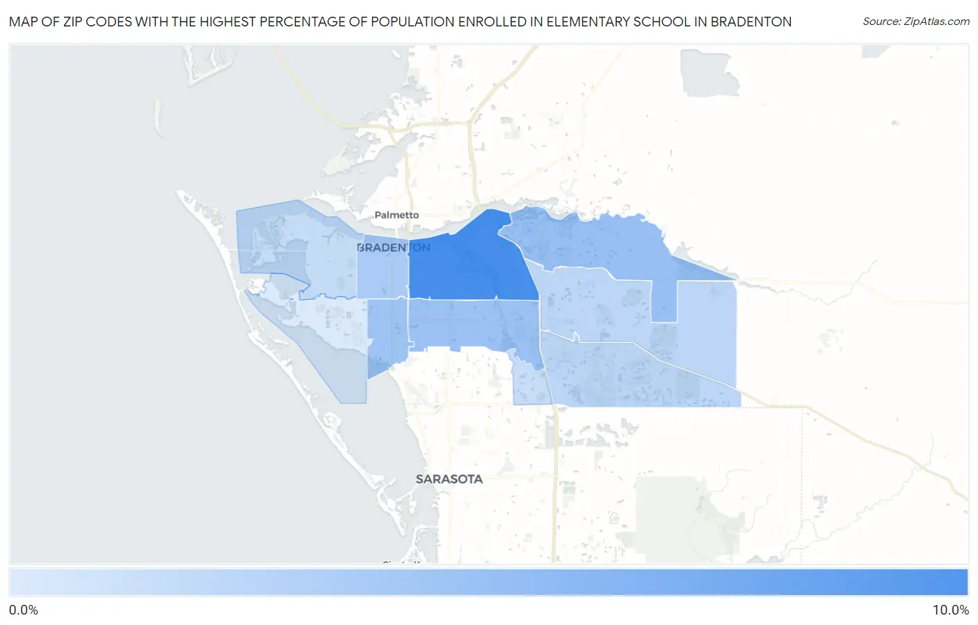 Zip Codes with the Highest Percentage of Population Enrolled in Elementary School in Bradenton Map
