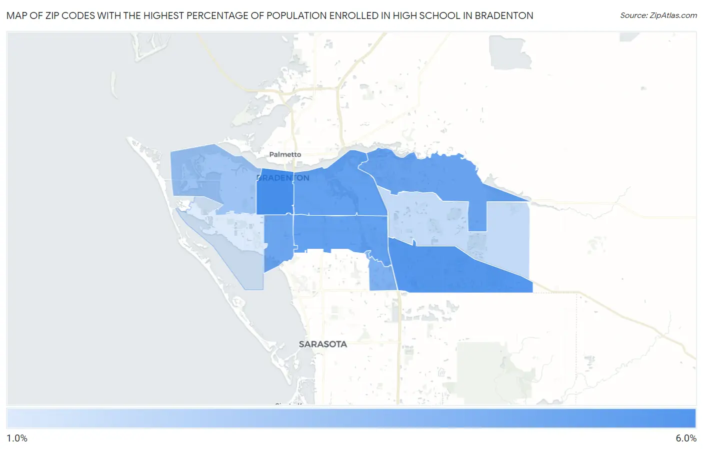Zip Codes with the Highest Percentage of Population Enrolled in High School in Bradenton Map