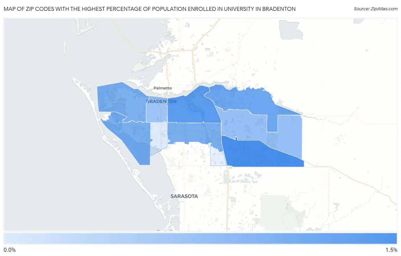 Zip Codes with the Highest Percentage of Population Enrolled in University in Bradenton Map