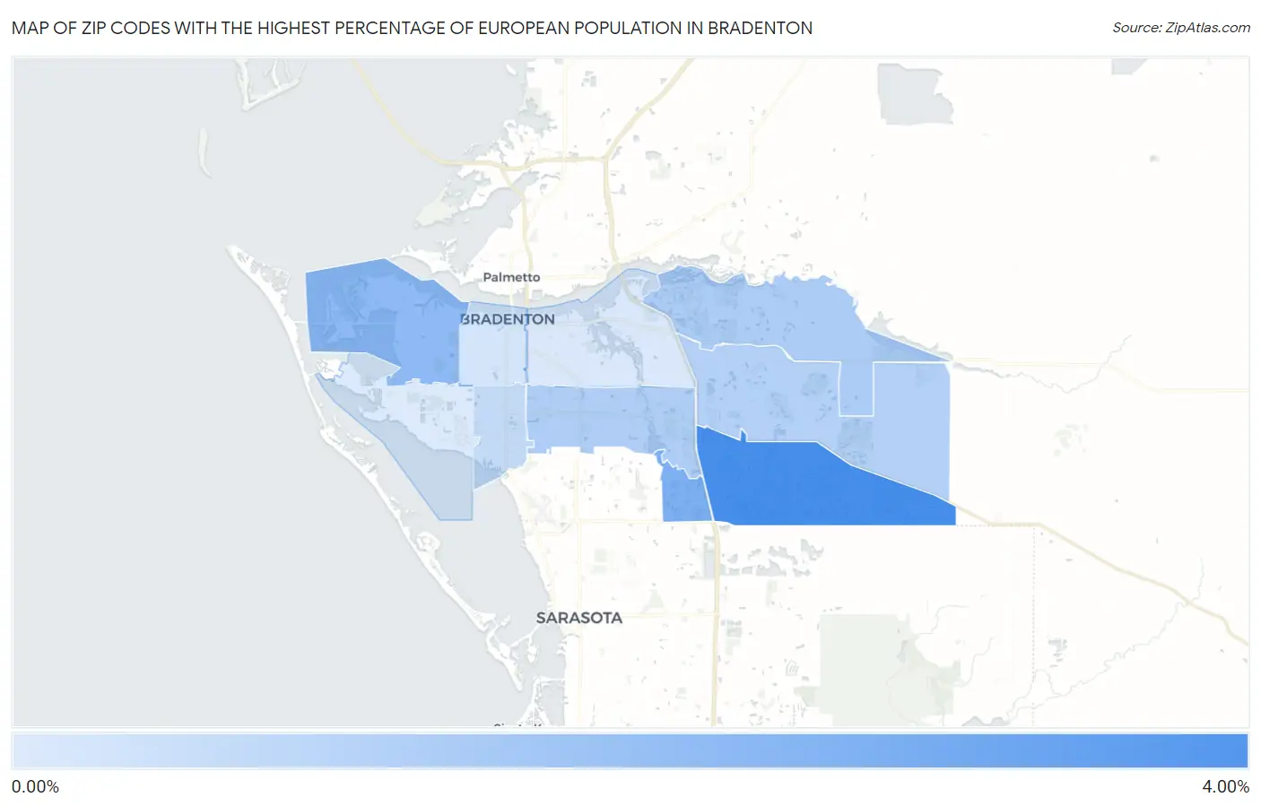 Zip Codes with the Highest Percentage of European Population in Bradenton Map