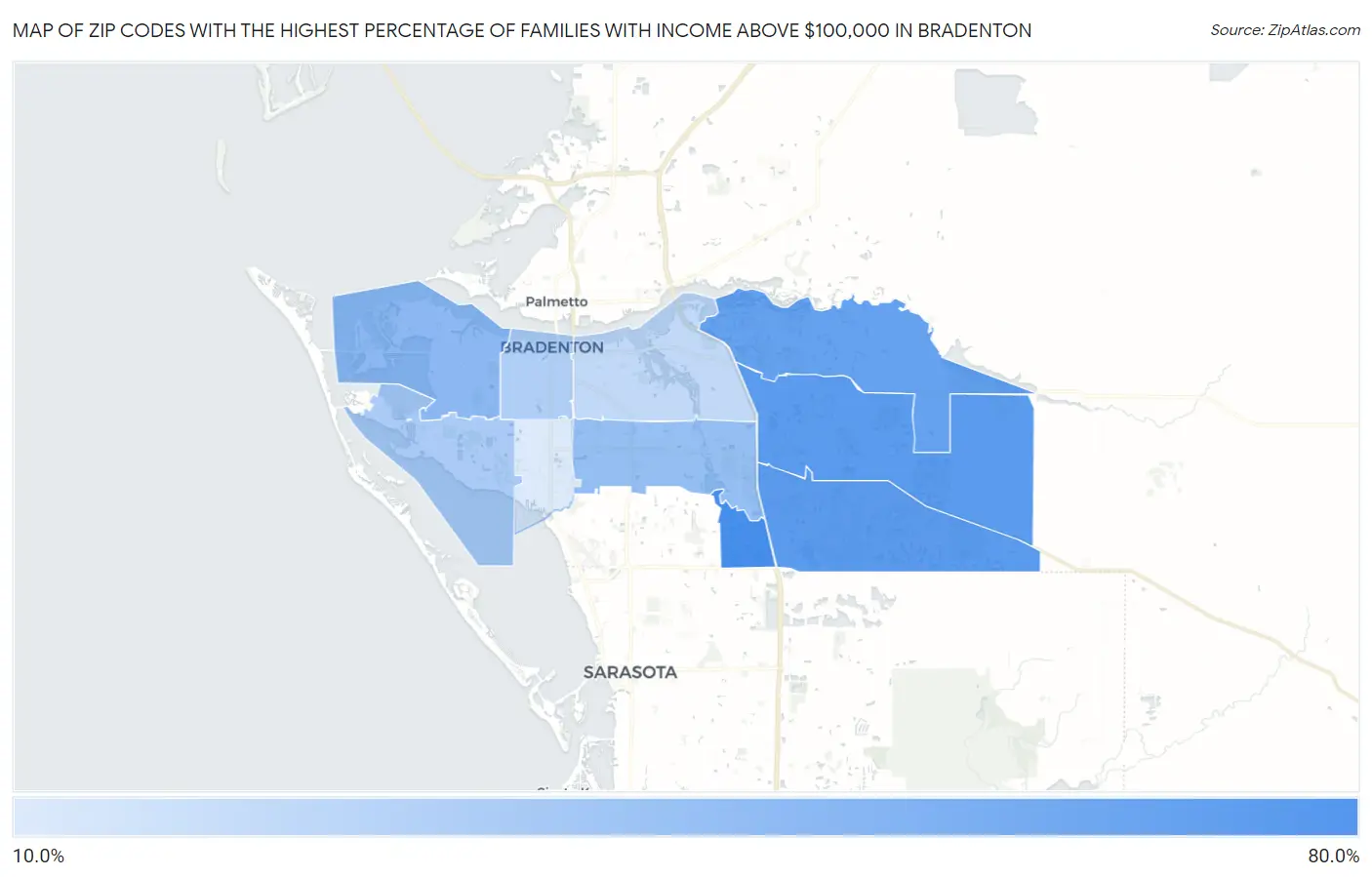 Zip Codes with the Highest Percentage of Families with Income Above $100,000 in Bradenton Map