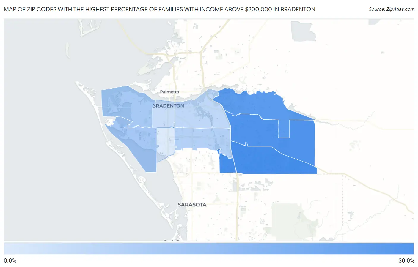 Zip Codes with the Highest Percentage of Families with Income Above $200,000 in Bradenton Map