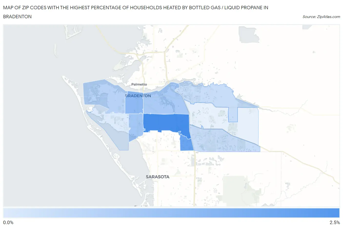 Zip Codes with the Highest Percentage of Households Heated by Bottled Gas / Liquid Propane in Bradenton Map