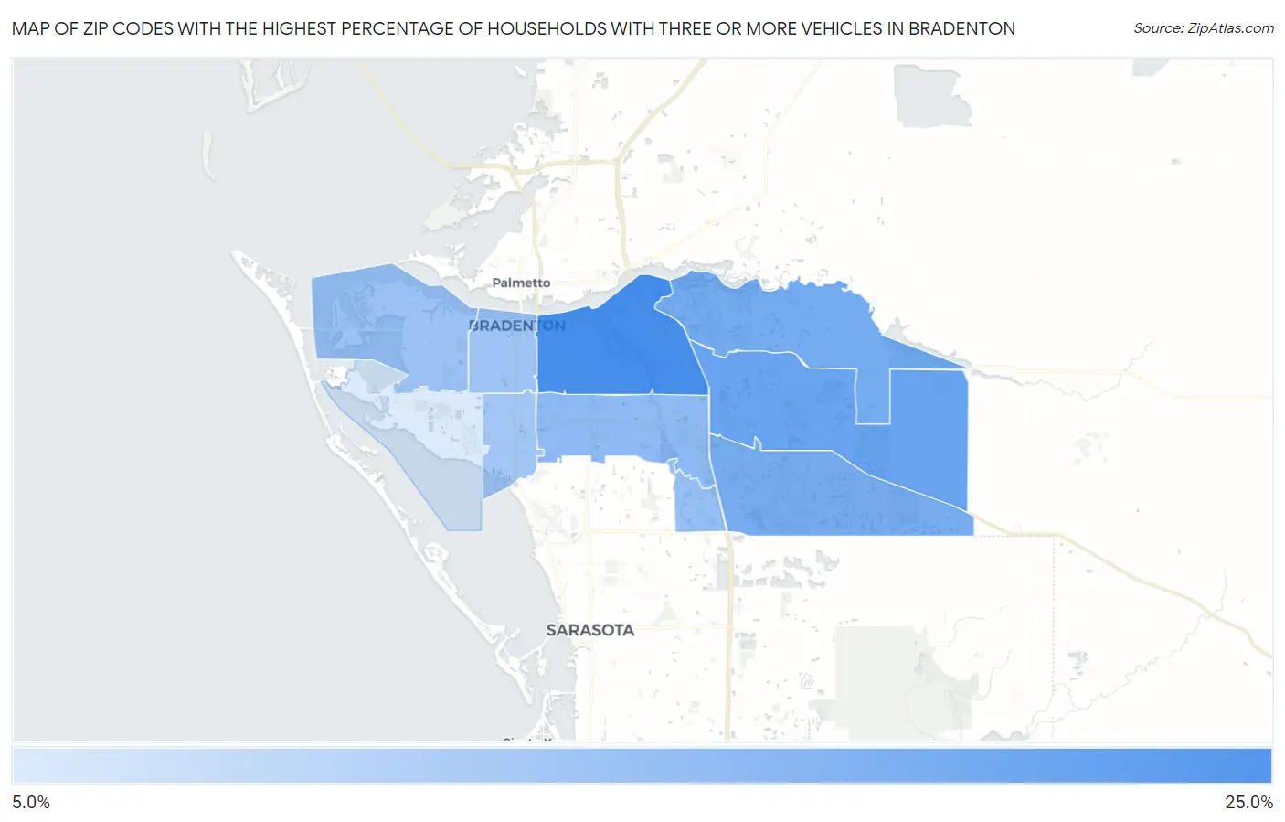 Zip Codes with the Highest Percentage of Households With Three or more Vehicles in Bradenton Map