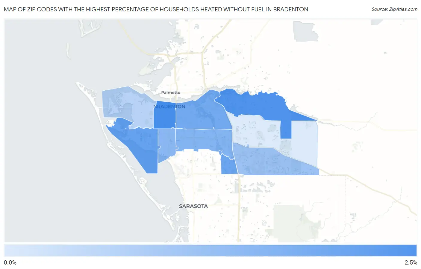 Zip Codes with the Highest Percentage of Households Heated without Fuel in Bradenton Map
