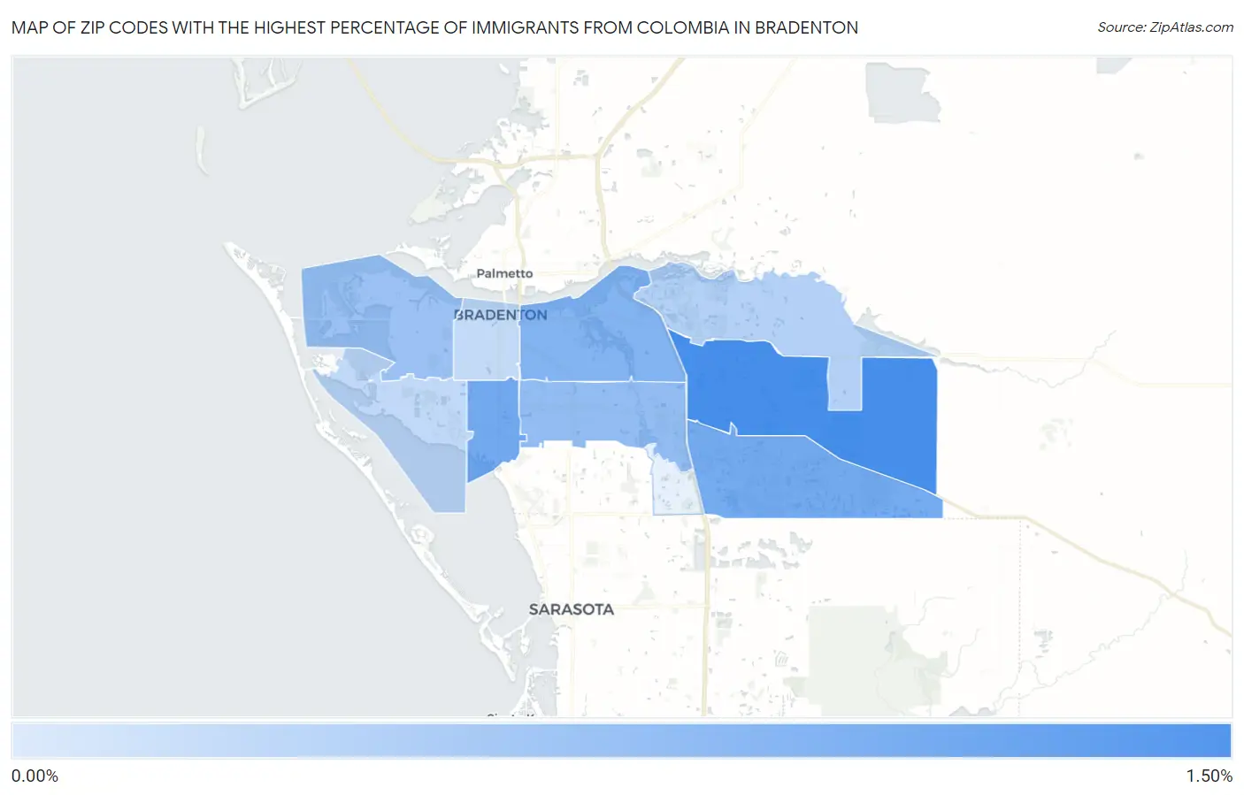 Zip Codes with the Highest Percentage of Immigrants from Colombia in Bradenton Map