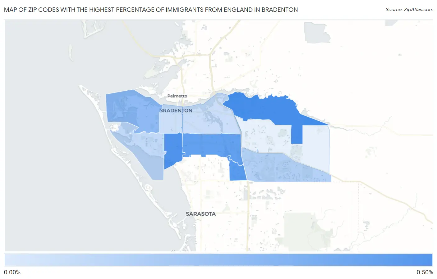 Zip Codes with the Highest Percentage of Immigrants from England in Bradenton Map
