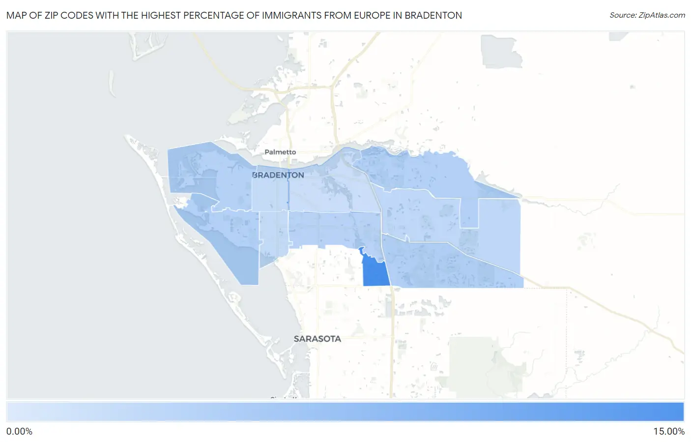 Zip Codes with the Highest Percentage of Immigrants from Europe in Bradenton Map