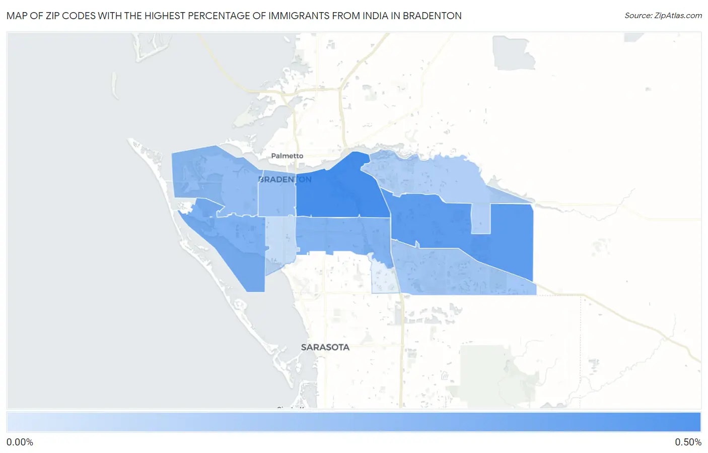 Zip Codes with the Highest Percentage of Immigrants from India in Bradenton Map