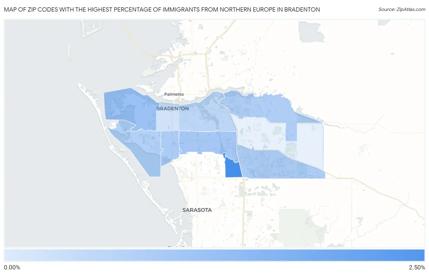 Zip Codes with the Highest Percentage of Immigrants from Northern Europe in Bradenton Map