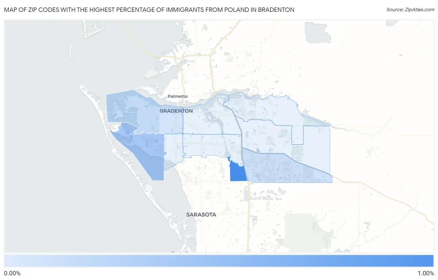 Zip Codes with the Highest Percentage of Immigrants from Poland in Bradenton Map