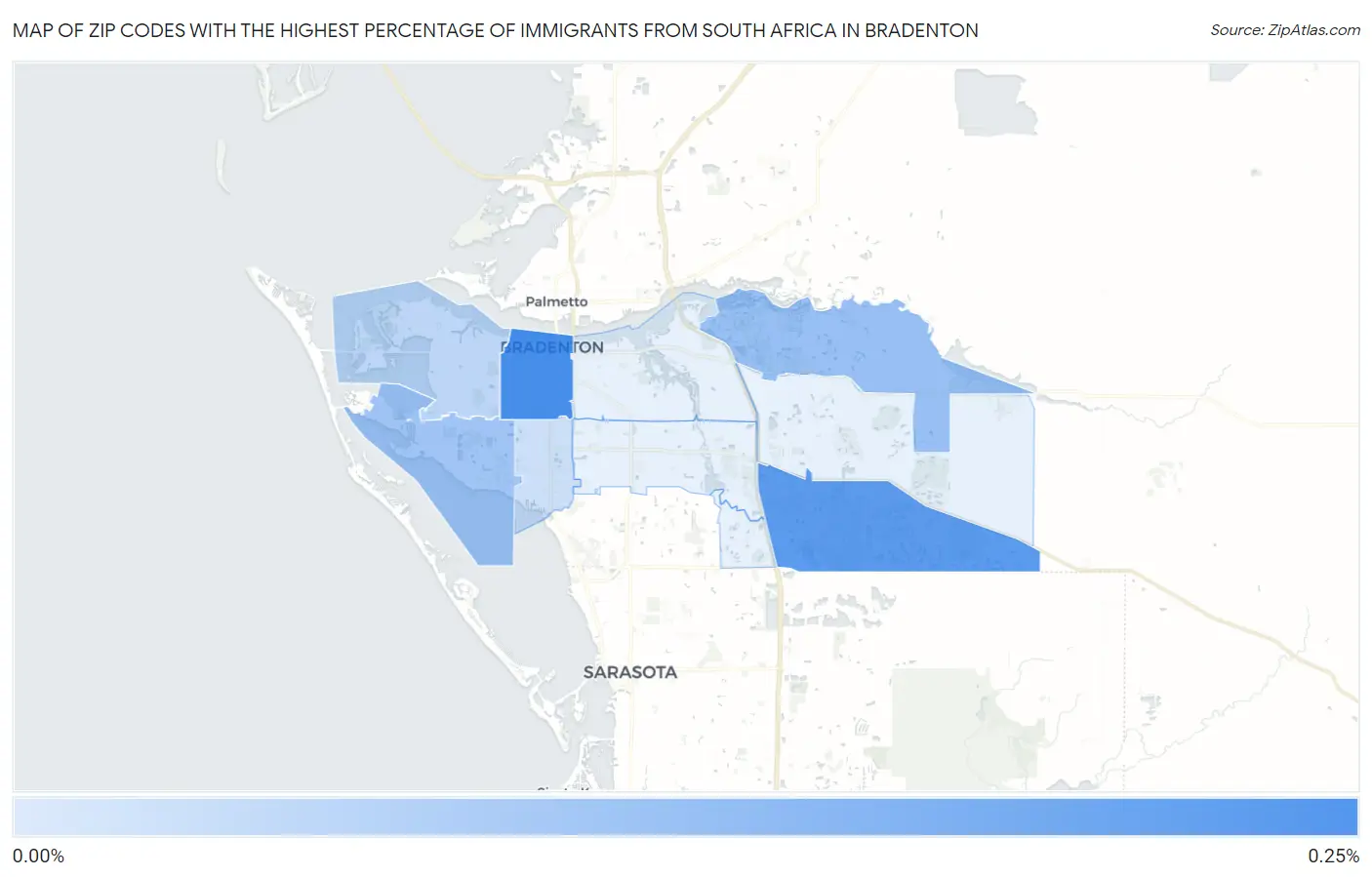 Zip Codes with the Highest Percentage of Immigrants from South Africa in Bradenton Map