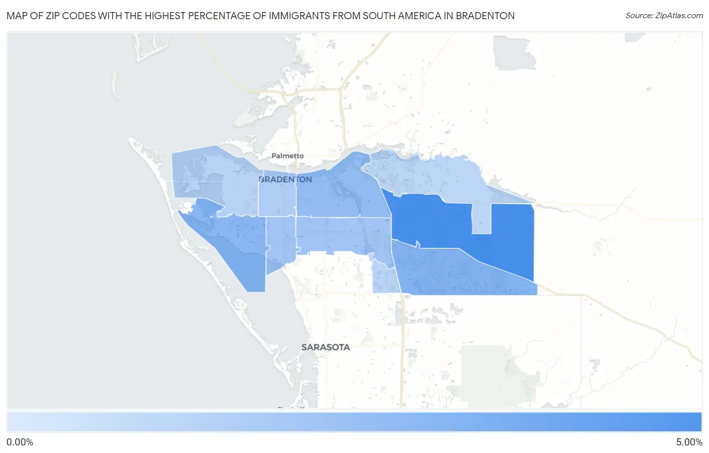 Zip Codes with the Highest Percentage of Immigrants from South America in Bradenton Map