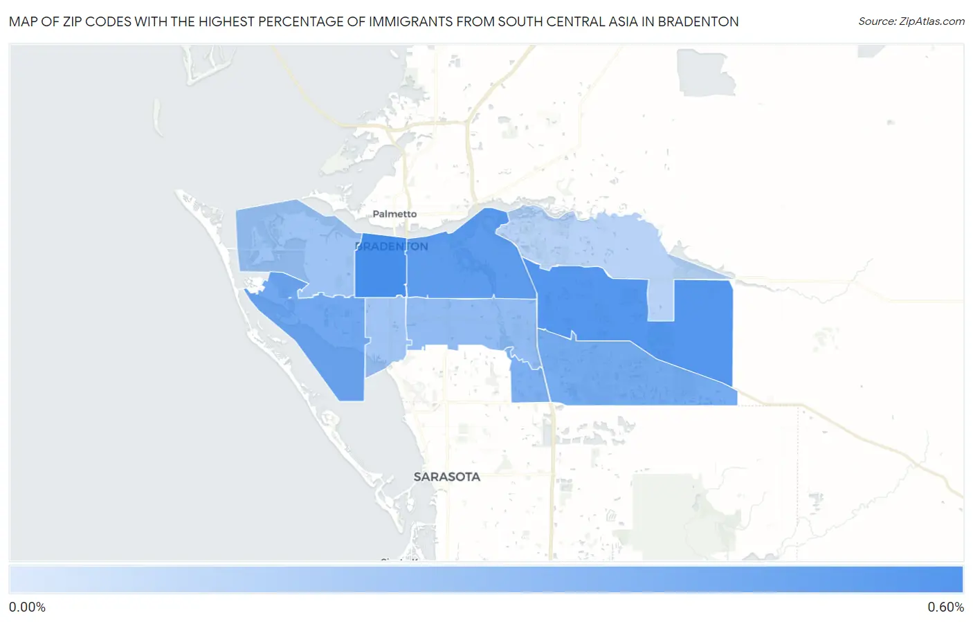 Zip Codes with the Highest Percentage of Immigrants from South Central Asia in Bradenton Map