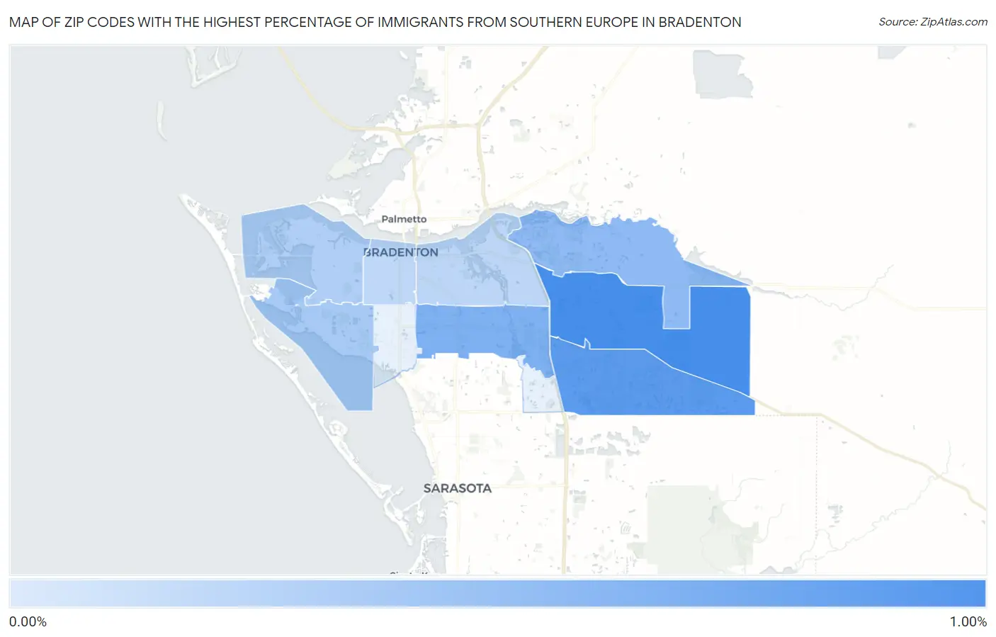 Zip Codes with the Highest Percentage of Immigrants from Southern Europe in Bradenton Map