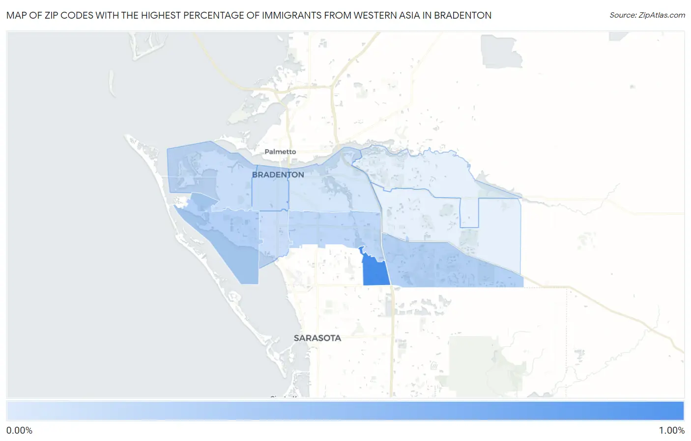 Zip Codes with the Highest Percentage of Immigrants from Western Asia in Bradenton Map