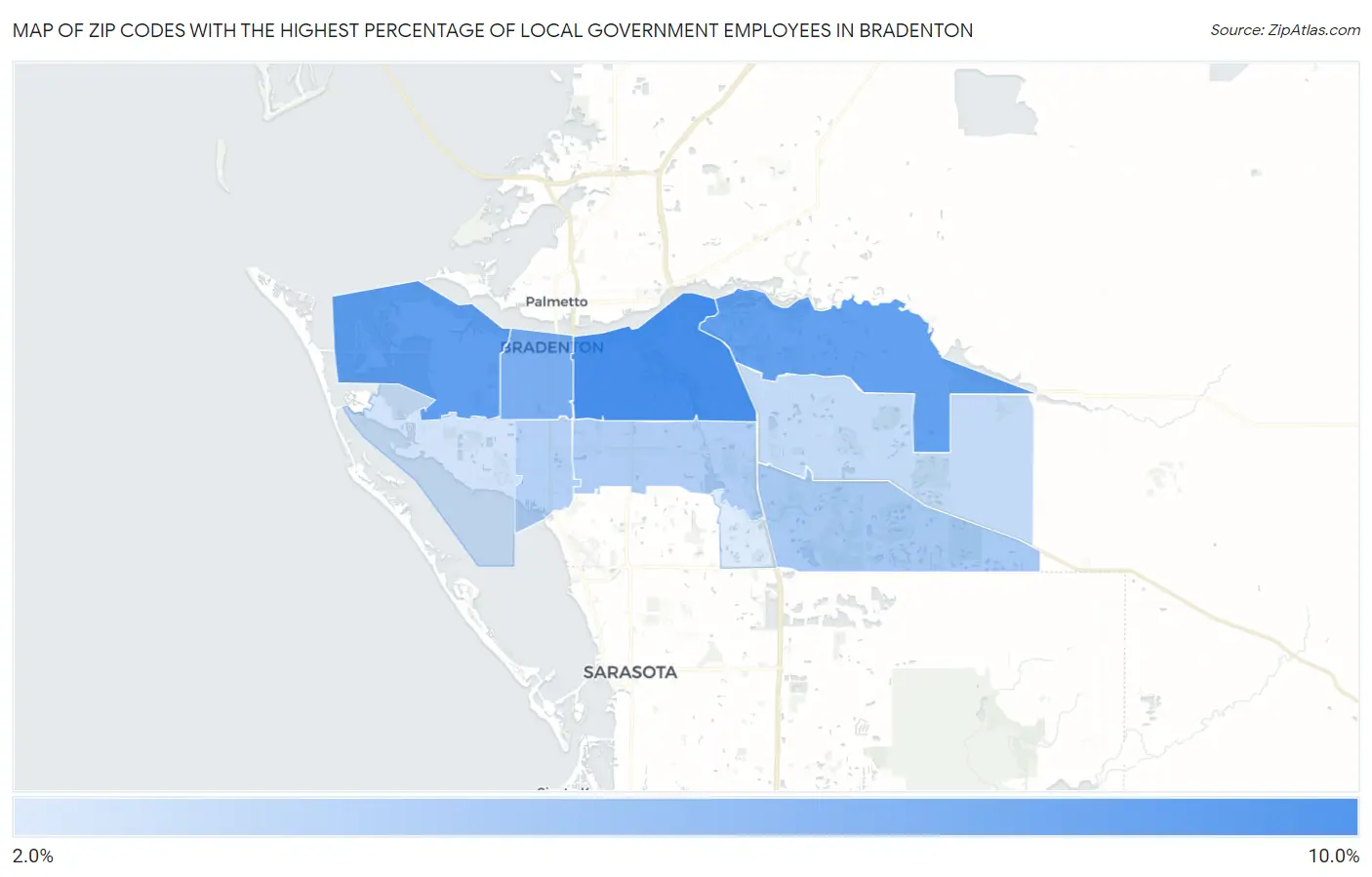 Zip Codes with the Highest Percentage of Local Government Employees in Bradenton Map